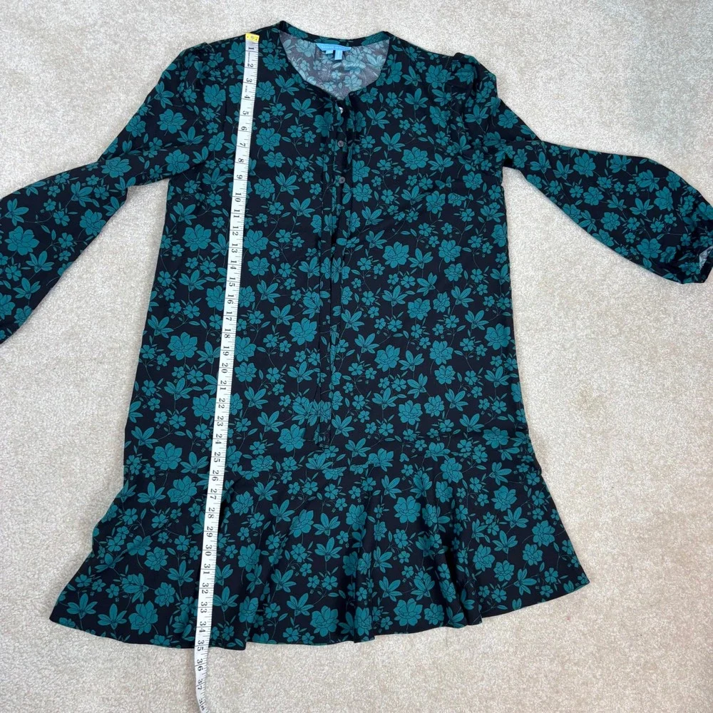 Draper James Teal Floral Ruffle Hem Mini Dress Black Long Sleeve Womens M